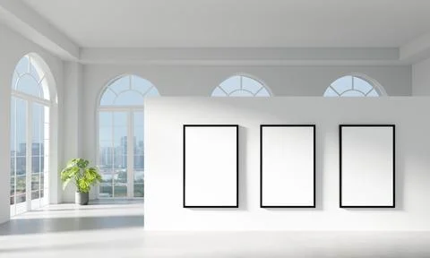 Spacious gallery with three frames and architectural windows for natural light Stockillustratie