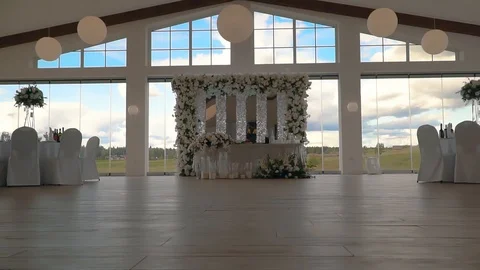 Spacious hall with decorated tables for wedding celebration 動画素材 120776005
