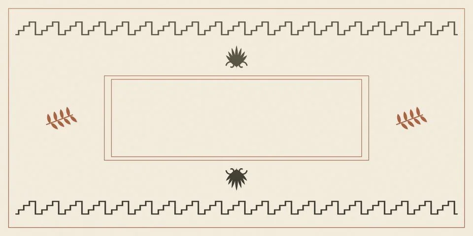 A spacious horizontal layout features rust botanical sprigs, dark leafy emb.. Stock-Illustration