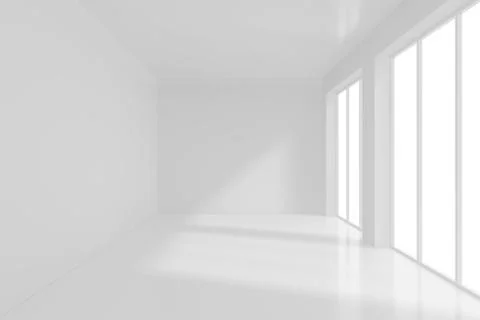 Spacious interior with blank wall and panoramic windows. 3D Rendering. Illustrazione stock
