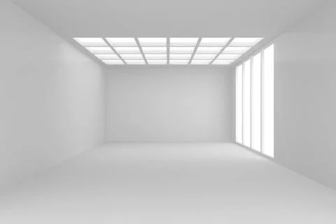 Spacious interior with blank wall and panoramic windows. Mock up, 3D Rendering. Ilustración de archivo