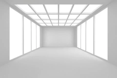 Spacious interior with blank wall and panoramic windows. Mock up, 3D Rendering. Illustrazione stock