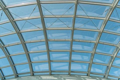Spacious interior with a translucent, geometric ceiling structure made of tin Stock Photos