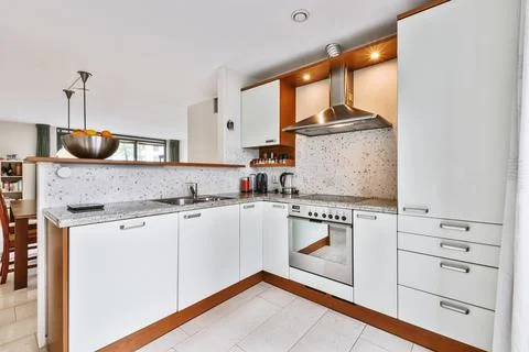 Spacious kitchen design Stock Photos