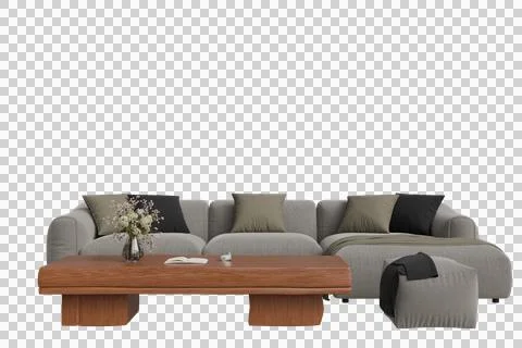 A spacious L-shaped sectional sofa in light grey, accented with diverse thr Stock Photos
