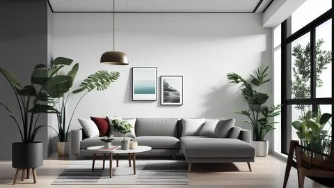 Spacious living room with grey corner sofa and mockup postres frame on wall. Stock Illustration