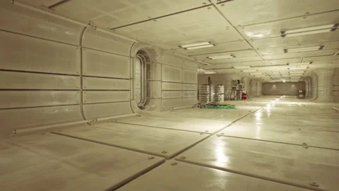 Spacious metal passageway featuring distant diagnostic crates and equipment Stock Footage 327187315