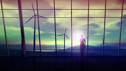 In a spacious office against the window, a business woman looks at wind farms. Stock Illustration