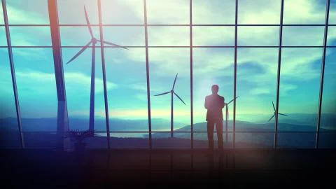 In a spacious office against the window, a man looks at wind turbines. Stock Illustration
