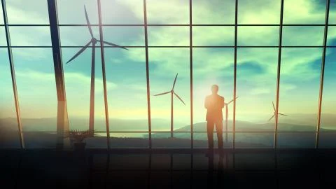 In a spacious office against the window, a man looks at wind farms. Stock Illustration