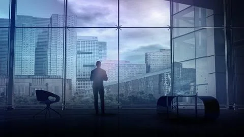 In a spacious office, a man stands and looks at city buildings, 3D render. Ilustración de archivo
