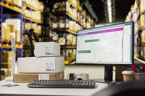 Spacious organized warehouse with empty shelves and open supply room Stock Photos