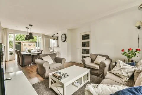 Spacious room with various areas Stock Photos