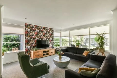 Spacious room with various areas Stock Photos