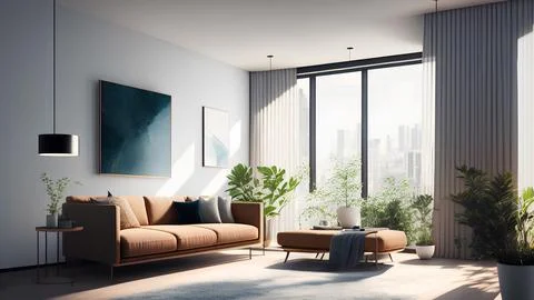 Spacious simple living room interior with brown sofa and big poster. Home d.. Stock Illustration