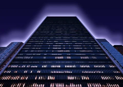 Spacious skyscraper view from below at night Stock Illustration