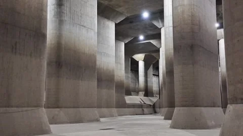 Spacious underground concrete tank with columns and dramatic lighting effects Stock Footage 334043776