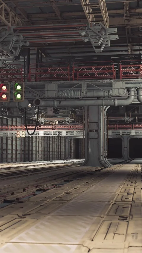 Spacious underground hangar with subtle lighting and equipment 動画素材 348807118