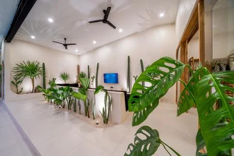 Spacious villa interior with cement wall effect, fireplace and tv Stock Photos