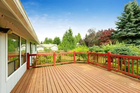 Spacious walkout deck with railings Stock Photos