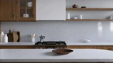 Spacious wooden kitchen with white marble. 3d rendering. Stock Footage 237399149