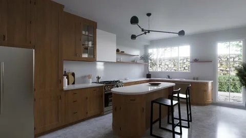 Spacious wooden kitchen with white marble. 3d rendering. Stock Footage 237399175