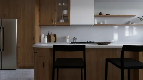 Spacious wooden kitchen with white marble. 3d rendering. Video stock 237399245