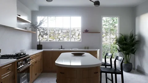Spacious wooden kitchen with white marble. 3d rendering. Video stock 237933508