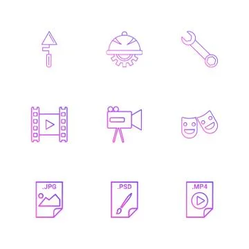 Spade , gear , wrench , video , camcoder , smiley , image , psd file , video  Stock Illustration