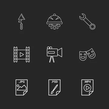 Spade , gear , wrench , video , camcoder , smiley , image , psd file , video  Stock Illustration