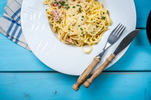 Spaghetti ala carbonara Stock Photos