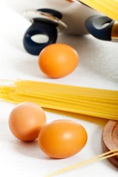 Spaghetti and eggs Stock Photos