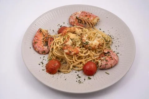 Spaghetti and prawns Stock Photos