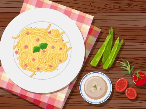 Spaghetti and soup on the table Stock Illustration