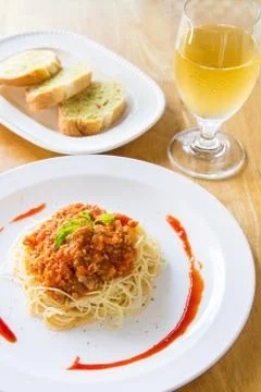 Spaghetti  and wine Stock Photos