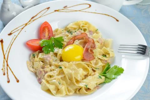 Spaghetti with Bacon and cheese Stock Photos