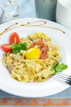 Spaghetti with Bacon and cheese Stock Photos
