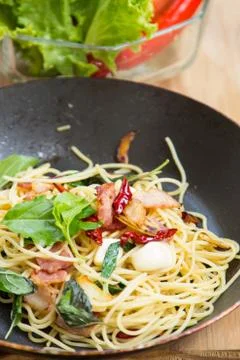 Spaghetti with bacon Stock Photos
