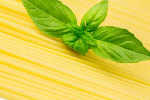 Spaghetti with basil leaf Stock Photos