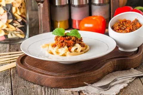 Spaghetti Bolognese on white plate Stock Photos