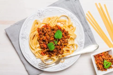 Spaghetti Bolognese on white plate Stock Photos