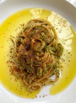 Spaghetti with bottarga and celery. Top view Foto stock