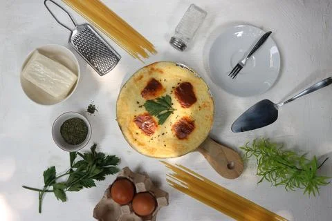 Spaghetti Brulee with the ingredients Stock Photos