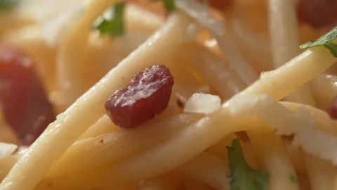Spaghetti Carbonara in Macro Hot Steaming Dish of Italian Cuisine with Pancetta Stock Footage 278830880