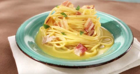 Spaghetti carbonara. Pasta with pancetta, egg, parmesan cheese. Stock Footage 241279381