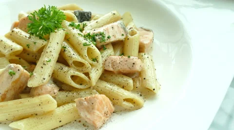 Spaghetti carbonara with salmon Stock Footage