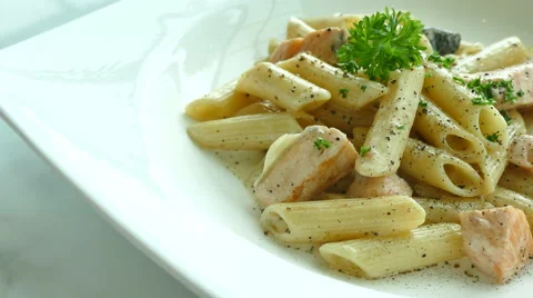 Spaghetti carbonara with salmon Stock Footage