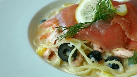 Spaghetti carbonara salmon Stock Footage 82871500