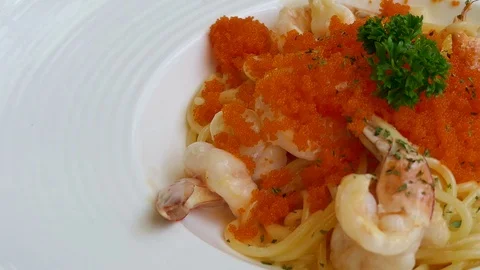 Spaghetti carbonara with shrimp Stock Footage 80800275