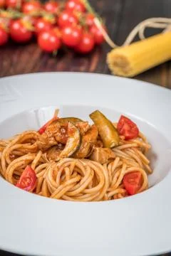 Spaghetti with chicken meat Stock Photos